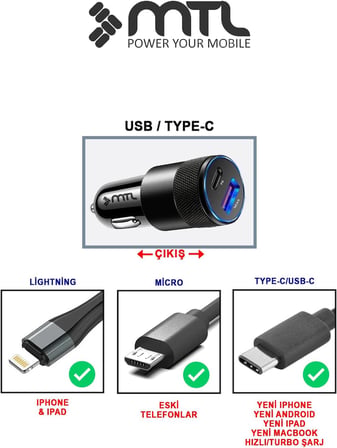 Araç Şarj Aleti Çakmaklık 38W Type-C + USB Çift Portlu - Qualcomm QC 4.0 Desteği MT-A1833 Siyah ile uyumlu