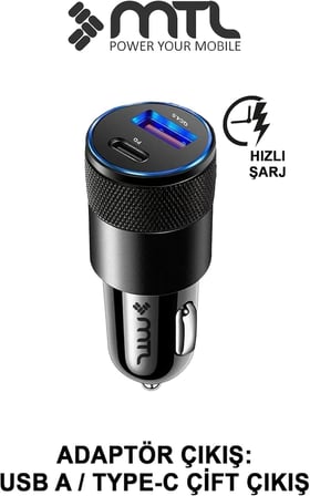 Araç Şarj Aleti Çakmaklık 38W Type-C + USB Çift Portlu - Qualcomm QC 4.0 Desteği MT-A1833 Siyah ile uyumlu