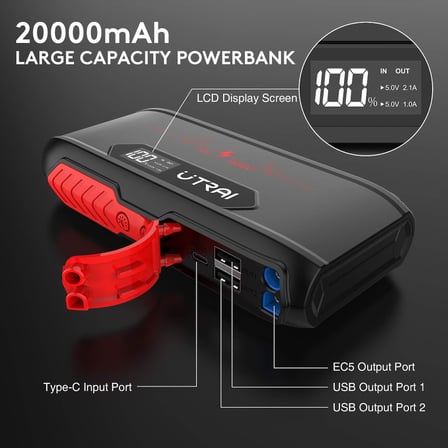 Jstar 3 20000mAh 1600A Jump Starter LCD Ekranlı Taşınabilir Akü Takviye Cihazı ( Çanta + Powerbank + Led Lamba)