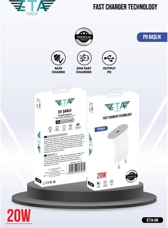 Eta Tech ETA-06 20W Hızlı Şarj Adaptörü Type-C PD QC 4.0 Destekli iPhone 11/12/13/14 Pro ve Pro Max ile Uyumlu