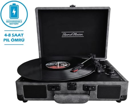 St14012 Retro Pikap - Bluetooth Ve Şarj Özellikli - Özel Dış Kaplama - Tüm Plakları Çalabilme (Siyah/Gri Deri)
