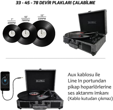 St14012 Retro Pikap - Bluetooth Ve Şarj Özellikli - Özel Dış Kaplama - Tüm Plakları Çalabilme (Siyah/Gri Deri)