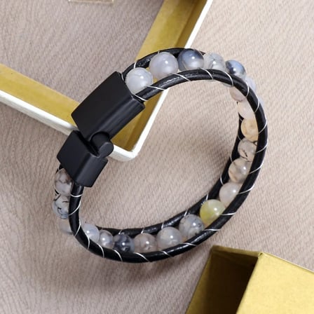 % 100 Doğal 8 Mm Damarlı Akik Taşı Çelik İpli Bi̇lekli̇k Mıknatıs Kapama 20 Cm Ebi_8139