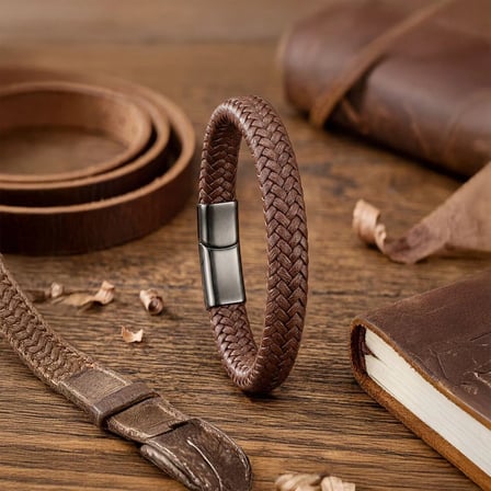 %100 Deri̇ Saç Örme Kahve Bi̇lekli̇k Mıknatıs Kapama 21 Cm Ebi_8169