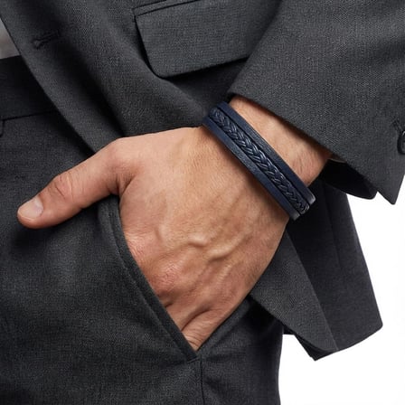 %100 Deri̇ Çoklu Saç Örme Laci̇vert Bi̇lekli̇k Mıknatıs Kapama 20 Cm Ebi̇_8210