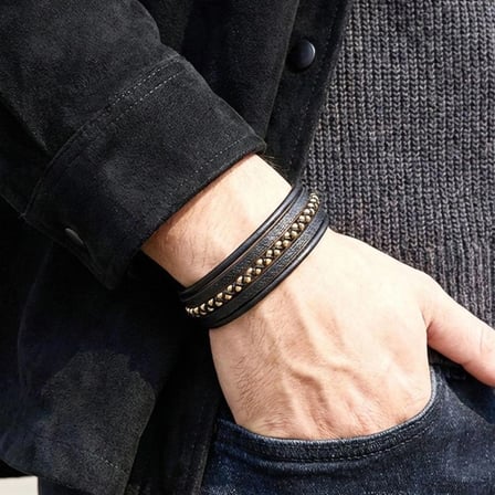 %100 Deri Çoklu Gold Hematit Taşlı Siyah Bileklik Mıknatıs Kapama 20 Cm Ebi_8282