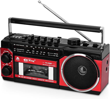Kaset Çalar, Taşınabilir Kaset Teyp Çalar, FM/AM/SW Frekans Bandı Destekli Kaset Kaydedici, Kaset/Bluetooth/Kart Girişi/Kayıt Özellikli, Pilli/Elektrikli Kullanılabilir, PX-250BT (Kırmızı)