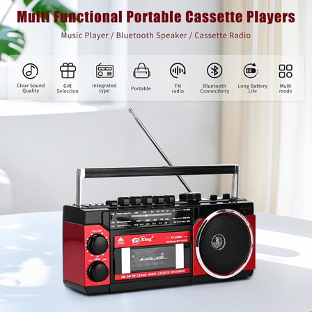 Kaset Çalar, Taşınabilir Kaset Teyp Çalar, FM/AM/SW Frekans Bandı Destekli Kaset Kaydedici, Kaset/Bluetooth/Kart Girişi/Kayıt Özellikli, Pilli/Elektrikli Kullanılabilir, PX-250BT (Kırmızı)