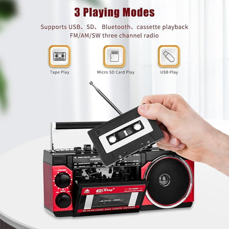Kaset Çalar, Taşınabilir Kaset Teyp Çalar, FM/AM/SW Frekans Bandı Destekli Kaset Kaydedici, Kaset/Bluetooth/Kart Girişi/Kayıt Özellikli, Pilli/Elektrikli Kullanılabilir, PX-250BT (Kırmızı)