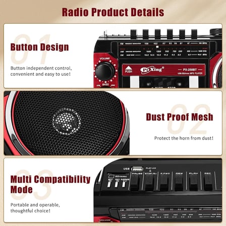 Kaset Çalar, Taşınabilir Kaset Teyp Çalar, FM/AM/SW Frekans Bandı Destekli Kaset Kaydedici, Kaset/Bluetooth/Kart Girişi/Kayıt Özellikli, Pilli/Elektrikli Kullanılabilir, PX-250BT (Kırmızı)