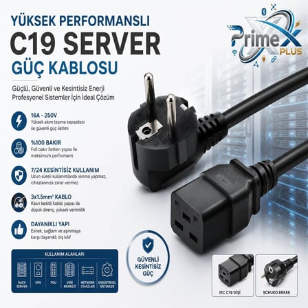 PrimeX PX-SRV15 2 Metre 3x1.5mm C19 UPS Server Power Kablo, Full Bakır C19 Schuko Güç Kablosu, 16A 250V Sunucu PDU UPS Veri Merkezi Güç Bağlantı Kablosu, Siyah