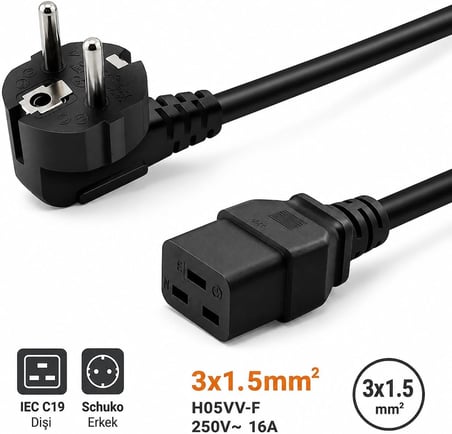 PrimeX PX-SRV15 2 Metre 3x1.5mm C19 UPS Server Power Kablo, Full Bakır C19 Schuko Güç Kablosu, 16A 250V Sunucu PDU UPS Veri Merkezi Güç Bağlantı Kablosu, Siyah