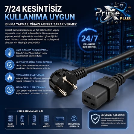 PrimeX PX-SRV15 2 Metre 3x1.5mm C19 UPS Server Power Kablo, Full Bakır C19 Schuko Güç Kablosu, 16A 250V Sunucu PDU UPS Veri Merkezi Güç Bağlantı Kablosu, Siyah