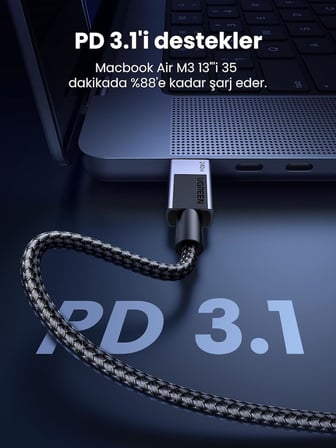 USB-C to USB-C 240W PD Hızlı Şarj Kablosu, Uzay Grisi, 1m, 45067