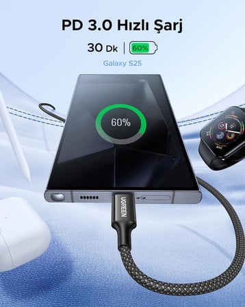 USB-C 60W 3A QC PD Örgülü Hızlı Şarj Kablosu, 1 Metre, Siyah, 35219