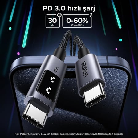 Uno USB-C 100W 5A QC PD Örgülü Hızlı Şarj Kablosu, 1 Metre, Siyah, 35501