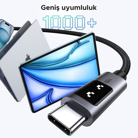Uno USB-C 100W 5A QC PD Örgülü Hızlı Şarj Kablosu, 1 Metre, Siyah, 35501