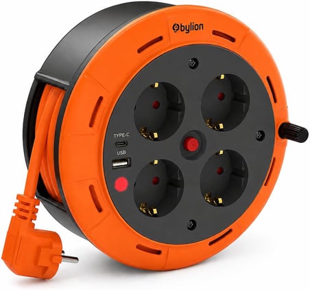 Makaralı Uzatma Kablosu, 5 Metre 3x1 mm² Kablo Kesiti, 4'lü Schuko Topraklı Priz, USB ve Type C Şarj Çıkışlı, F Tipi, IP20, 250V 16A, EN 61242, Termal Korumalı, Güç Gösterge Işıklı