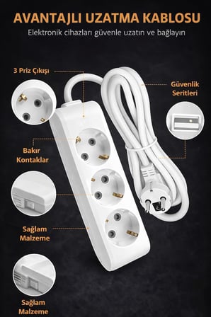 3 Metre Uzatma Kablosu, Topraklı Elektrik Uzatma Kablosu, Dayanıklı PVC Kablolu Güç Uzatma Kablosu, Ev, Ofis, Mutfak, Salon, Çocuk Odası ve Çalışma Alanları İçin, Elektrikli Ev Aletleri
