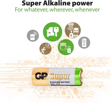 Batteries GP23A Süper Alkalin 23A/MN21/V23GA Boy Pil, 12 Volt, 5'li Kart, Bakır/Beyaz/Yeşil