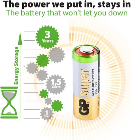 Batteries GP23A Süper Alkalin 23A/MN21/V23GA Boy Pil, 12 Volt, 5'li Kart, Bakır/Beyaz/Yeşil