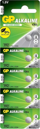 Batteries GP192 LR41/192/V3GA Boy Alkalin Düğme Pil, 1.5 Volt, 5'li Kart, Gri