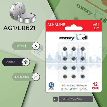AG1 LR621 Alkalin Düğme Pil 1,5V; Saatler, Oyuncaklar, Araç Kumandaları, İşitme Cihazları ve Elektronik Cihazlar için Uzun Ömürlü – Sızdırmaz (SR621, 164, 364, GP164 ile Uyumlu) 12'li Paket