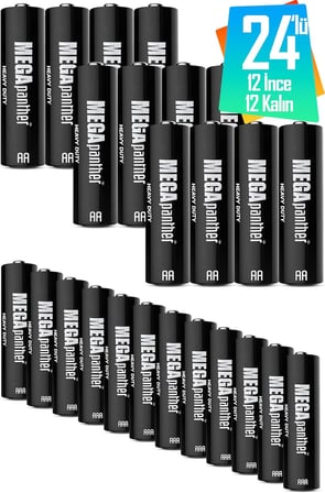 24lü Set (12 AA + 12 AAA) İnce ve Kalın Kalem Pil Kumanda Pili Saat Pili Zn-C 1.5V