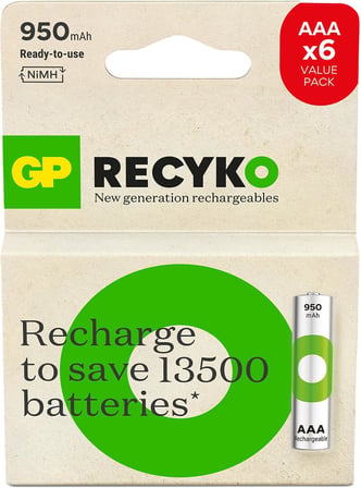 Batteries ReCyko 950mAh AAA İnce Kalem Ni-Mh Şarjlı Pil, 1.2 Volt, 6'Lı Kart