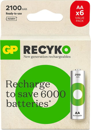 Batteries ReCyko 2100 AA Kalem Ni-MH Şarjlı Pil, 1.2 Volt, 6'lı Kart