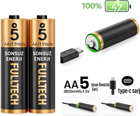 Şarjlı Kalın Kalem Pil AA Şarj Edilebilir Pil 1.5V 2800mWh Lityum-İon Kalın Pil AA 5 Type-C Şarjlı (AA, Her Paket, 2)