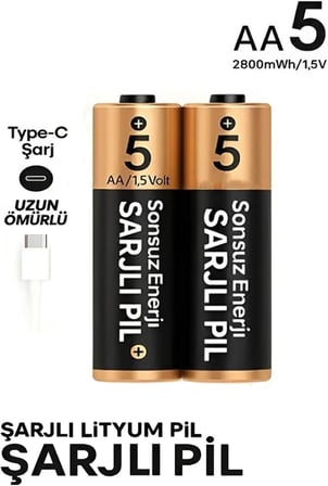 Şarjlı Kalın Kalem Pil AA Şarj Edilebilir Pil 1.5V 2800mWh Lityum-İon Kalın Pil AA 5 Type-C Şarjlı (AA, Her Paket, 2)