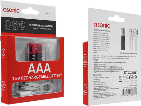 PL1400, AAA, Şarjlı Pil, 1.5VOLT, 400MAH/750MWH, Type-C Ile Kolay Şarj, 2 Li Paket
