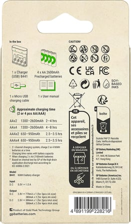 B441 USB Pil Şarj Cihazı 4 Adet 2600mAh AA Kalem Pilli Set