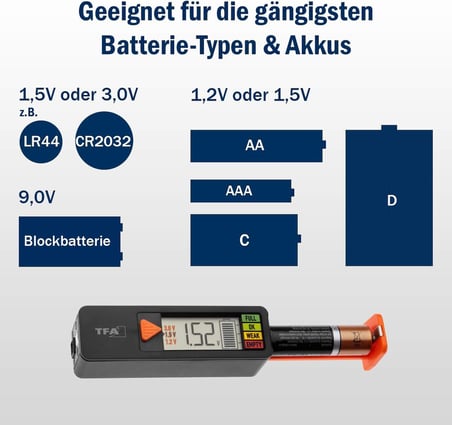 Dostmann Pil test cihazı BatteryCheck, 98.1126.01, piller ve aküler için (AAA,AA,C, D), düğme pil, blok pil, şarj durumu/Volt göstergesi, kolay ve hızlı, siyah