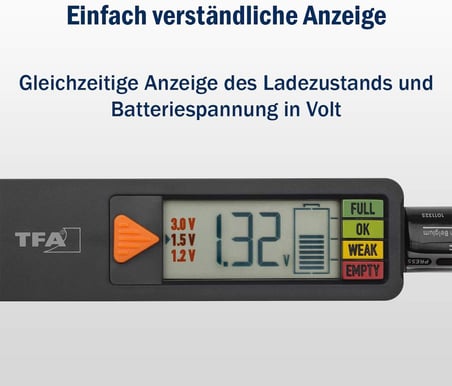 Dostmann Pil test cihazı BatteryCheck, 98.1126.01, piller ve aküler için (AAA,AA,C, D), düğme pil, blok pil, şarj durumu/Volt göstergesi, kolay ve hızlı, siyah
