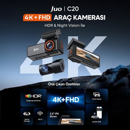 C20 4K UHD Ön + FHD Arka 2 Kameralı WiFi GPS HDR Araç Kamerası 3.2" IPS Ekranlı 170 Derece Geniş Açı Gece Görüş