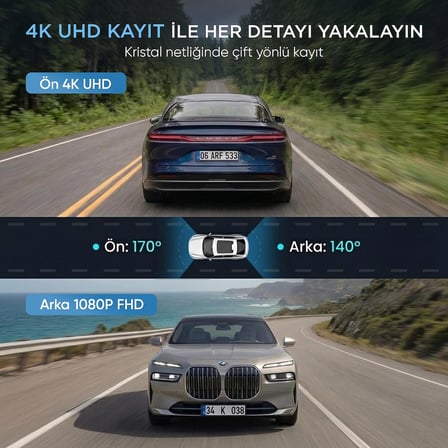 C20 4K UHD Ön + FHD Arka 2 Kameralı WiFi GPS HDR Araç Kamerası 3.2" IPS Ekranlı 170 Derece Geniş Açı Gece Görüş