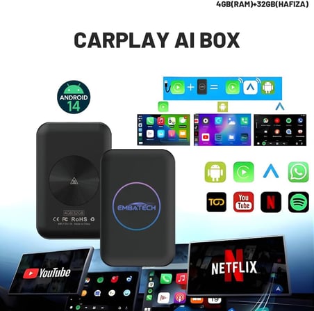 Carplay Ai Box 4GB+32GB Youtube,netflix,google Play & Kablosuz Carplay&android Auto- Android 14