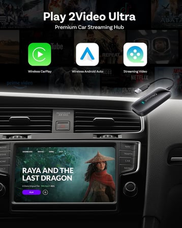 Play2Video Ultral - YouTube, Netflix, Spotify, IPTV ile Kablosuz CarPlay ve Android Otomatik Adaptör | 5GHz WiFi, Otomatik Bağlantı, Gecikme Yok | OEM Kablolu CarPlay ile Uyumlu
