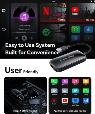 Play2Video Ultral - YouTube, Netflix, Spotify, IPTV ile Kablosuz CarPlay ve Android Otomatik Adaptör | 5GHz WiFi, Otomatik Bağlantı, Gecikme Yok | OEM Kablolu CarPlay ile Uyumlu