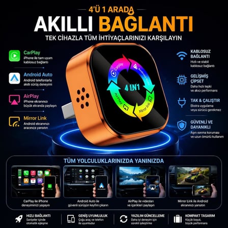 4-İN-1 Kablosuz Araç Ekran Yanstıcı ve Carplay ve android Auto Adaptörü Kablosuz Dönüştürücü İos-Android