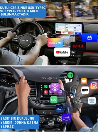 Kablosuz CarPlay ve Android Auto Adaptörü, 2GB RAM 32GB ROM, Türkçe Arayüz, Netflix ve YouTube Destekli