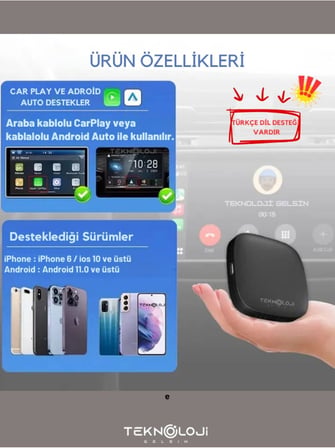 Kablosuz CarPlay ve Android Auto Adaptörü, 2GB RAM 32GB ROM, Türkçe Arayüz, Netflix ve YouTube Destekli