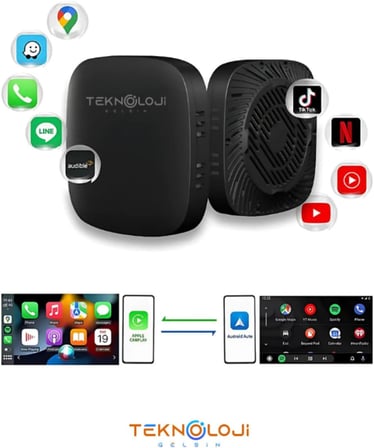 Kablosuz CarPlay ve Android Auto Adaptörü, 2GB RAM 32GB ROM, Türkçe Arayüz, Netflix ve YouTube Destekli