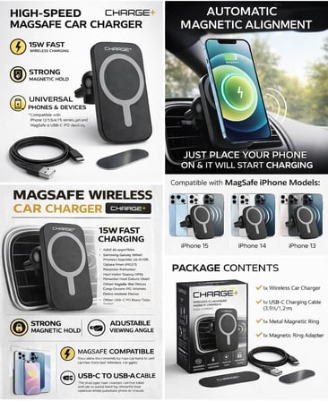 Charge+ MagSafe Araç İçi Kablosuz Şarj Cihazı 15W Hızlı Şarj Manyetik Telefon Tutucu USB-C Uyumlu iPhone 15 14 13 12