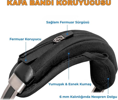 HyperX Cloud 1/2/3/Alpha/Alpha S/Alpha Pro/Core/Pro/Flight/Flight S/Stinger/Stinger S/Stinger Core/Mix/CloudX/Chat Uyumlu Kafa Bandı Koruyucusu - 6 mm Neopren Dolgu, Fermuar ve Askı Kulbu (Siyah)