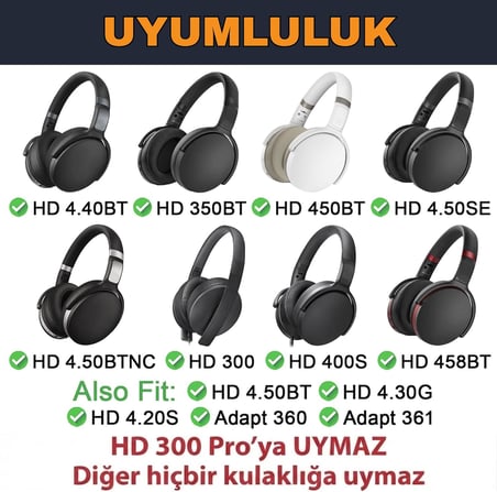 Sennheiser HD450BT/HD4.50BT/HD4.50BTNC/HD4.50SE/HD458BT/HD350BT/HD4.40BT/HD400S/HD4.30G/HD4.20S/HD300 ile Uyumlu Protein Deri Kulaklık Pedi - Ses Yalıtımlı Hafızalı Köpük (Protein Deri)