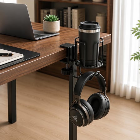 Masa Kenarı Bardak Tutucu ve Kulaklık Askısı, Kelepçeli Metal Masa İçecek Tutucu, Ayarlanabilir Masa Bardaklığı, Kahve Kupası, Termos ve Su Şişesi İçin Ofis Oyuncu Masası Organizer Siyah