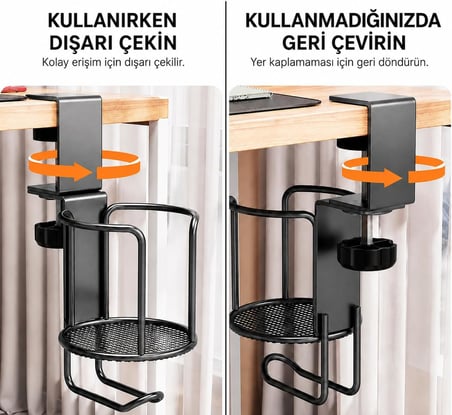 Masa Kenarı Bardak Tutucu ve Kulaklık Askısı, Kelepçeli Metal Masa İçecek Tutucu, Ayarlanabilir Masa Bardaklığı, Kahve Kupası, Termos ve Su Şişesi İçin Ofis Oyuncu Masası Organizer Siyah